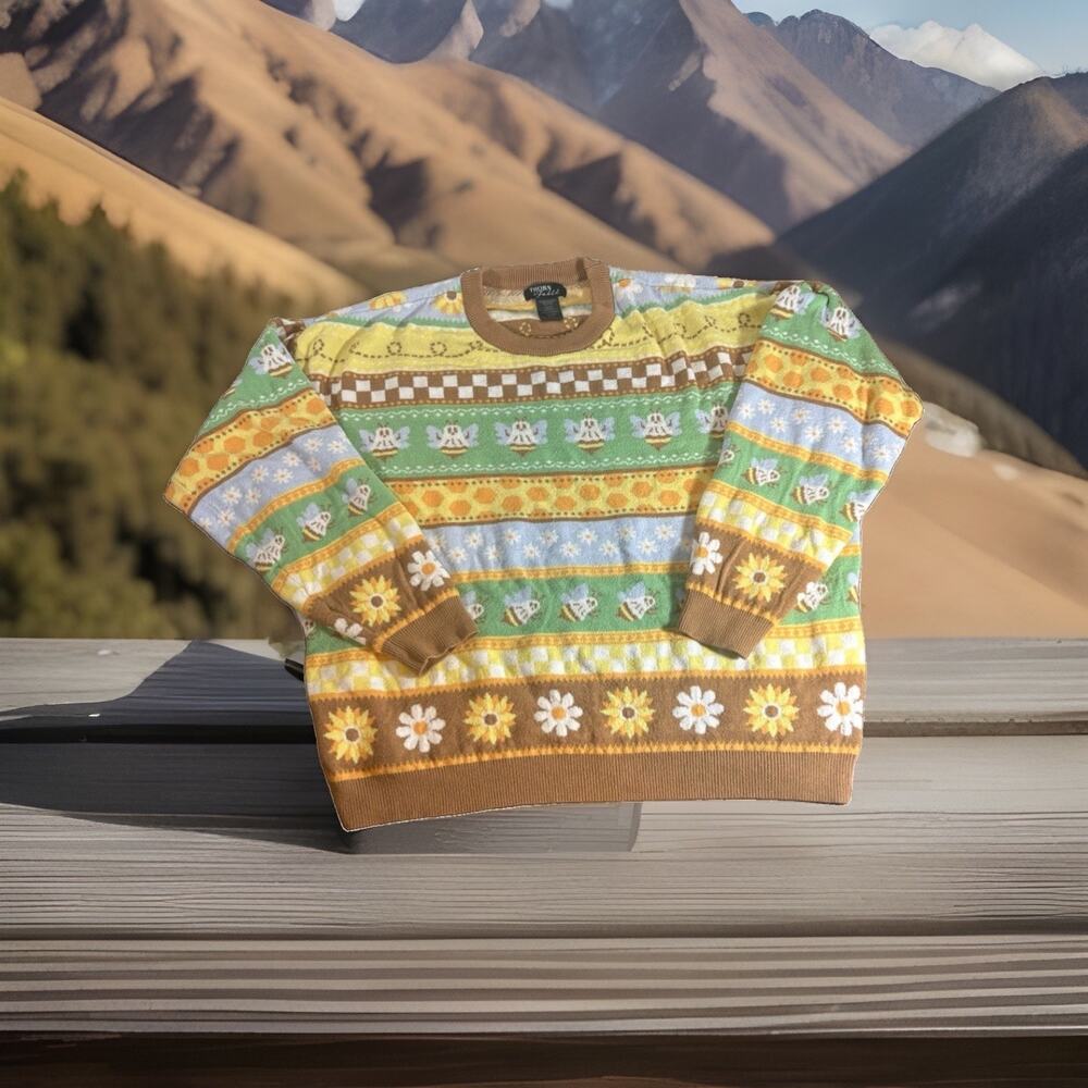Thorn & Fable Ghost Bee Sunflower Sweater Stripe Knit Crewneck Medium Hot Topic